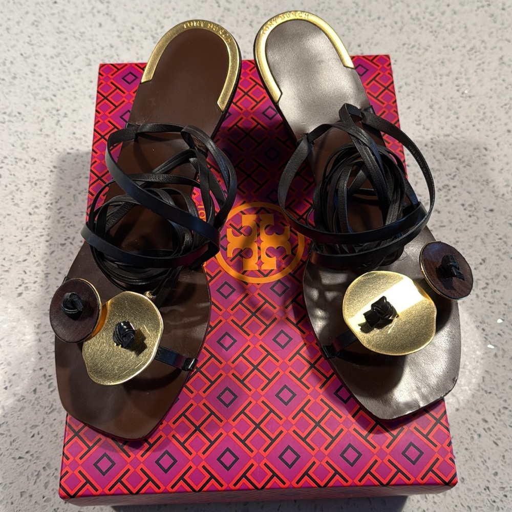 Tory Burch Artisanal Knot Coconut Brown Black Sandals size 8 - EUC